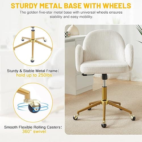 Home Office Chair with Petal Backrest, Corduroy Upholstered Desk Chair with Adjustable Swivel Wheels, Ergonomic Chairs for Living Room, Bedroom, Office, Study, Flower Cute Girls Vanity Chair(Beige) thumbnail 6