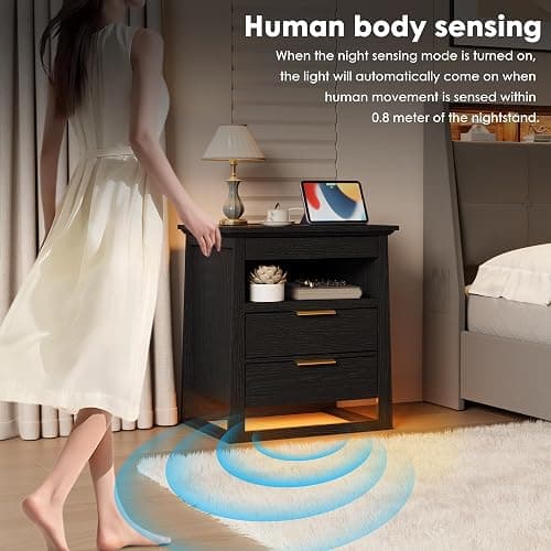 Rresyet Nightstand with Sensor LED Light and Charging Station, 24" Tall End Table with 3 Drawers, Modern Night Stand with Storage, Wooden Bedside Table for Bedroom. (Black) thumbnail 4