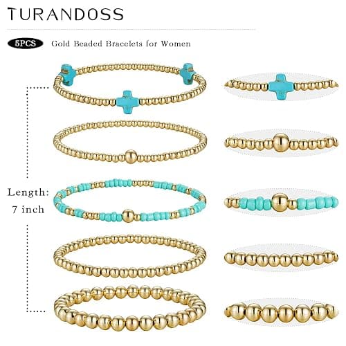 Turandoss 5PCS Gold Beaded Bracelets for Women Teen Girls, 14K Gold Plated | Gold Beaded Bracelet Stack, Dainty Turquoise Cross Pearl Round Ball Bracelet Set, Women Teenage Girls Birthday Gifts Jewelry thumbnail 5