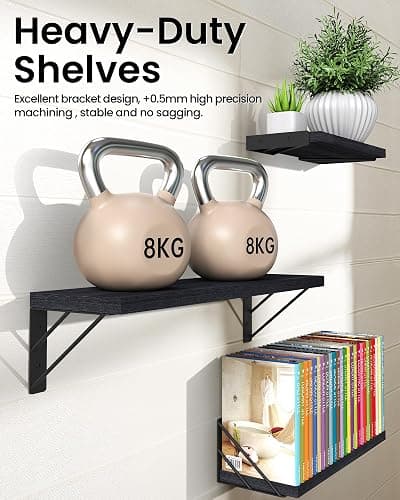 BAYKA Wall Mounted Floating Shelves, Wood Floating Wall Shelf for Books & Decor, Small Space-Saving Display & Organizer（Black，Set of 3） thumbnail 5