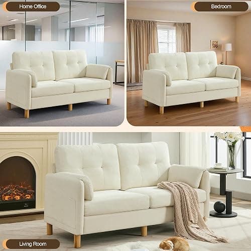 WUTUTUEE 65" Chenille Loveseat Sofa, Modern 2-Seater Love Seat Couch with Armrest Pillows, Storage Pockets, Easy Assembly, Upholstered Tufted Loveseat Sofa Couches for Living Room Bedroom, Beige thumbnail 8
