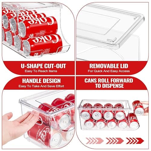 SCAVATA 2 Pack Stackable Refrigerator Organizer, Soda Can Dispenser Pop Cans Container Beverage Holder with Lid for Fridge, Freezer, Kitchen, Clear Plastic Storage Bins-Holds 10 Cans Each thumbnail 4