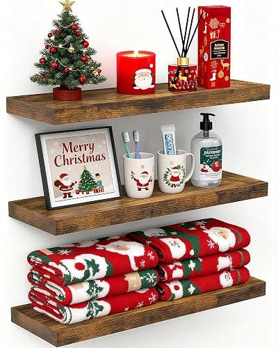 BAYKA Floating Shelves Bathroom for Wall – Shelf Over Toilet Farmhouse Rustic Wood for Bedroom, Kitchen, or Living Room Decor Organization, Christmas Decor Shelves – Rustic Brown, Set of 3 - Image 1