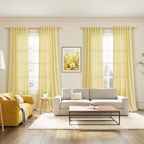 Yellow Linen Blend Drapes 84 Inch Length 2 Panels Set Back Tab Rod Pocket Light Filtering Privacy Semi Sheer Textured Curtain Neutral Farmhouse Decor for Living Room Bedroom Curtains 52x84 thumbnail 7