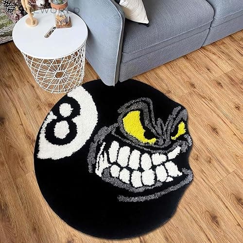 Angry 8 Ball Rug, 24" Cool Rugs for Bedroom Men, Black Round Area Rug for Man Cave, High-Pile Flocking Soft Aesthetic Carpet for Living Room Decor, Hypebeast Room Decor thumbnail 2