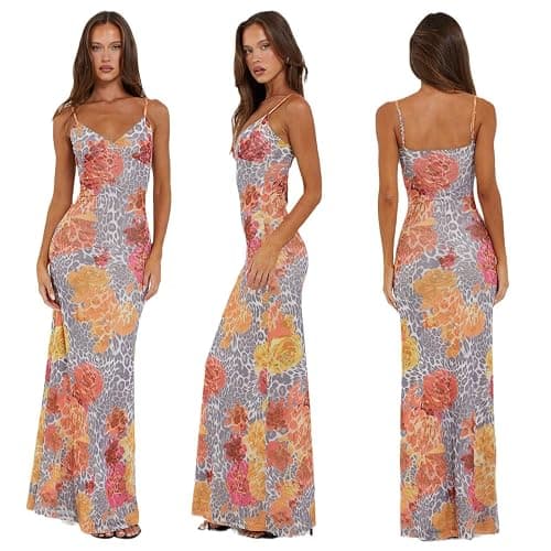 VANCOL Women Spaghetti Strap Satin Dresses Backless Hollow Casual Boho V Neck Dress Flowy Dress thumbnail 4