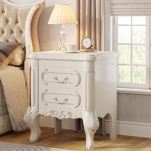 Tribesigns White Nightstand, End Table with 2 Drawers, Carved Bedside Tables, Side Table for Bedroom, Classic Bedroom Furniture, Night Stand White thumbnail 4