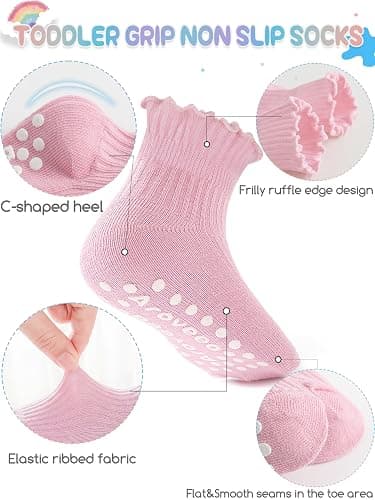 Baby Toddler Girls Socks Grip Ruffle Non Slip Kids Cotton 12 Pack Socks | PREMIUM soft COTTON,full anti-slip grips,6month-7t grippy crew socks for girls,daily school all season wear,cute ruffle thumbnail 3