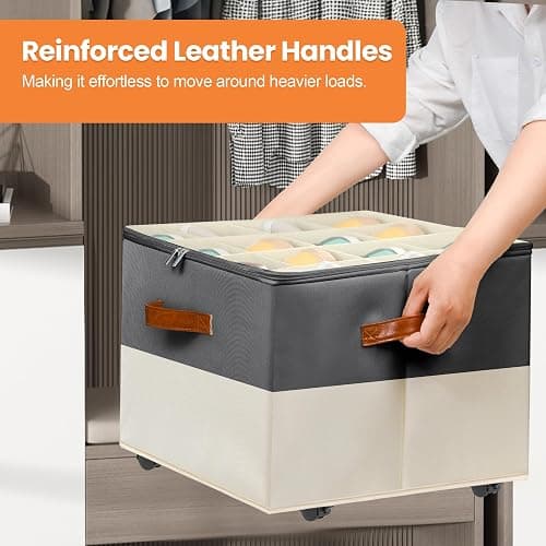 Foyego 2 Pack Shoe Organizer for Closet, with Wheels, Beige and Grey | Fits 32 Pairs, with Adjustable Dividers and Clear Cover, Saving Space Foldable Fabric Closet Shoe Storage Organizer Box Bins thumbnail 4