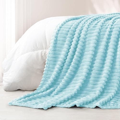 Exclusivo Mezcla Fleece Throw Blanket for Couch, Super Soft Striped Jacquard Bed Blanket, Lightweight Fuzzy Cozy for All Seasons, 50x60 Inches, Light Blue - Light Blue - Throw (50"x60") thumbnail 5