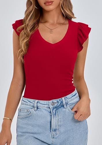 PRETTYGARDEN Womens V Neck Summer Tops Ruffle Sleeveless Slim Fit T Shirts Going Out Casual Blouses 2025 thumbnail 3