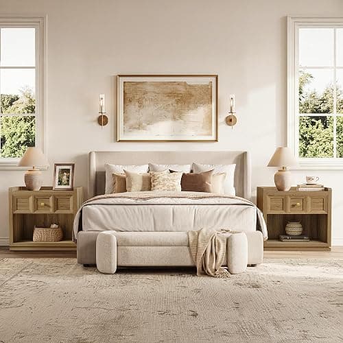 SICOTAS Night Stand Set 2, 26" Wide Nightstands Set of 2 with Drawer | Large Queen Size Nightstands, Farmhouse Bedside Table for Bedroom, Side End Table with Round Corners, Brown Oak thumbnail 4