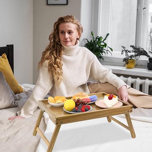 VaeFae Acacia Bed Table Tray, Wooden Breakfast Tray with Folding Legs, Bed Tray for Eating and Laptop, Eating Trays for Bedroom thumbnail 6