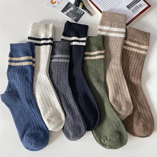 TeenFighter 7 Pair Pack Men's Retro Double Bar Cotton Socks - Vintage Design Crew Socks with Breathable Soft Fabric for Casual & Athletic Wear thumbnail 4