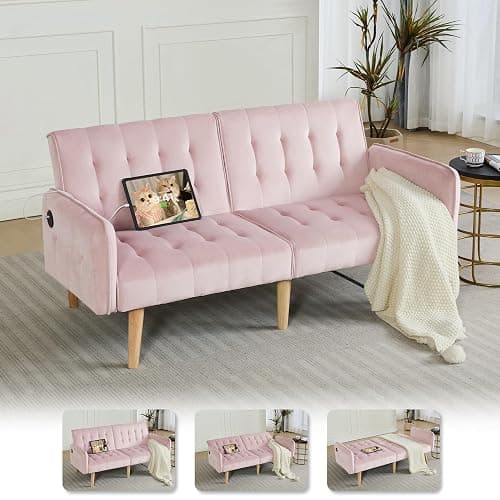 TYBOATLE 65" W Velvet Modern Convertible Folding Futon Couch Sofa Bed w/ 2 USB Charging Ports and arms, Loveseat for Compact Living Space, Dorm, Game Studio, Bonus Room, Apartment, Bedroom (Pink) - Pink - Image 1