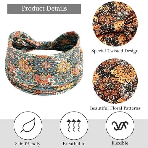 SAWINDA 6 Pack Boho Flower Print Headbands for Women Wide Twist Knotted Head Bands Elastic Non-Slip Hair Bands Vintage Head Wraps Turbans Yoga Workout Hair Accessories thumbnail 5