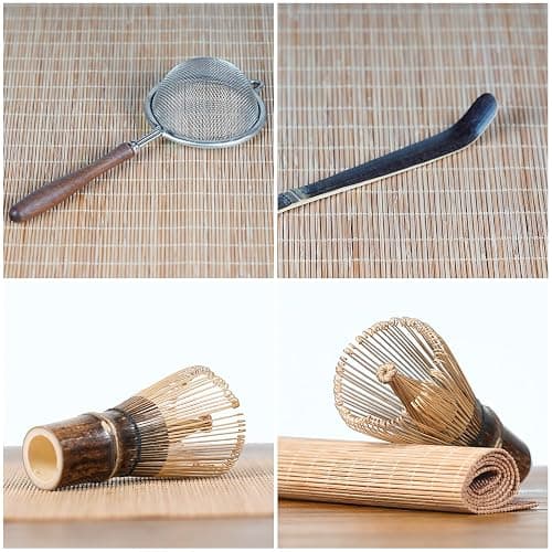 GleeNflux 7-Piece Matcha Set, Ceramic Matcha Bowl, Bamboo Whisk (Chasen), Whisk Holder, Sifter, Tea Scoop & Scoop Rest, Special Bamboo Tea Mat, Harmonious Color Matcha Making Kit, Green thumbnail 5