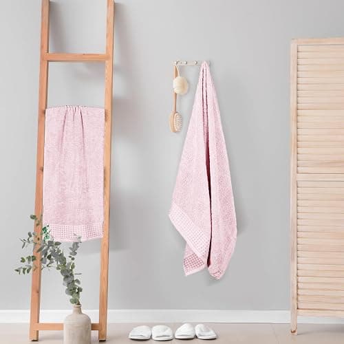 GLAMBURG 100% Cotton 2 Pack Oversized Bath Towel Set 28x55 Inches, Ultra Soft Highly Absorbant Compact Quickdry & Lightweight Large Bath Towels, Ideal for Gym Travel Camp Pool - Pink - 2 Pack Bath - Pink thumbnail 2