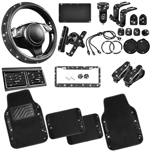 CAR PASS 30 PCS Bling Car Accessories Set for Women, Bling Steering Wheel Covers 15 Inch, Shining Rhinestone License Plate Frame, Sparkly Diamond Phone Holder, Car Mats Full Set, Black - Image 1