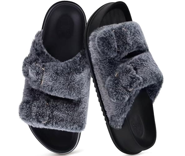 KuaiLu Women's Fluff Slippers Plantar Fasciitis Arch Support Platform Slippers Ladies Fashion Open Toe Faux Fur Sliders Womens House Slipper Size 6-12 thumbnail 4
