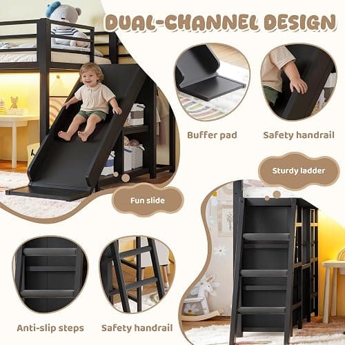 Bellemave Twin Size Loft Bed with 7 Non-Woven Fabric Drawers, Shelves and Wardrobe, Twin Loft Bed with Detachable Slide and Ladders, Low Profile Loft Beds with Lights, Noise Reduced Design Black thumbnail 5