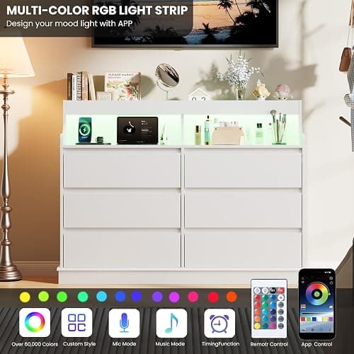Dresser for Bedroom, 6 Drawer Dresser with LED Lights and Charging Station, Wide Chest of 6 Drawers with Open Space, Modern Large Capacity Storage Cabinet, Living Room, Hallway, White - White thumbnail 8