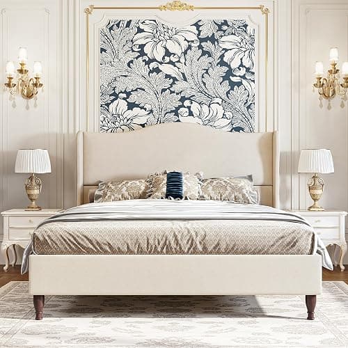 koorlian King Size Bed Frame Upholstered Platform Bed with 51" Tall Headboard Wingback, Soft Fabric, Retro Simple Style Platform Bed No Box Spring Needed, Easy Assembly, Beige - Image 1