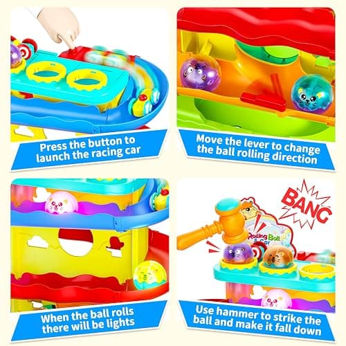 Funwee 2-in-1 Rolling Ball & Racing Car Ramp Toy for Toddlers, Race Track Hammer Lights Ball Drop, Interactive Montessori Learning Game Birthday Gift Idea for Kids 1 2 3 4 5+Year Old Girl Boy(Yellow) thumbnail 3