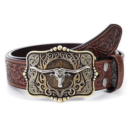 LALATCH Cowboy Cowgirl Belt Western Belts for Men Women Floral Engraved Longhorn Bull Buckle Belt for Jeans thumbnail 6