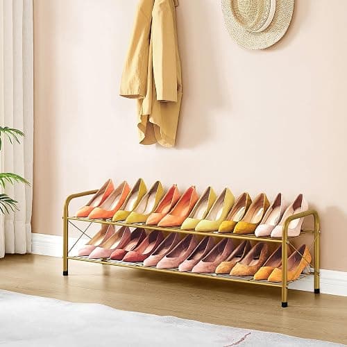 Hoctieon 2 Tier Shoe Rack for Closet, Durable Mesh Style Shoe Rack, Entryway Shoe Shelf, Shoe Storage Organizer for Hallway, Bedroom, Living Room, Wardrobe, Gold thumbnail 2