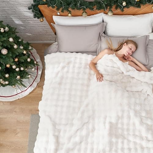 Cozy Bliss Faux Fur Throw Blanket for Bed King Size, Fuzzy Soft Plush Thick Bubble Blanket for Sofa Bedroom Living Room, 108 * 90 Inches Cream White - Image 1
