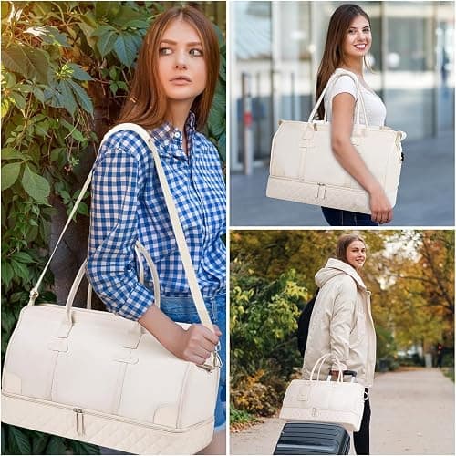 ETRONIK Weekender Overnight Bag for Women, Large Travel Duffle Bag with Shoe Compartment & Wet Pocket, Carry On Gym Duffel Bag with Toiletry Bag for Hospital 3 Pcs Set, Beige thumbnail 6