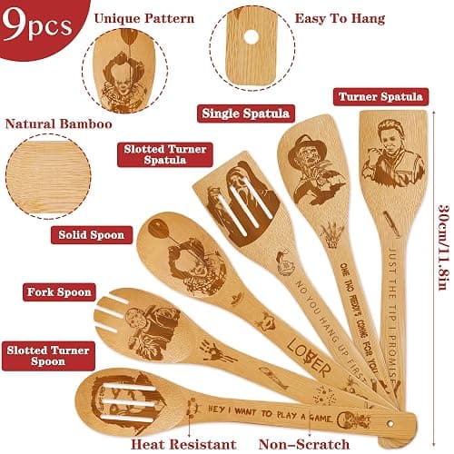 Horror Merch,9Pcs Bamboo Cooking Utensils Set,Spoons with Apron Oven Mitts Pot Holder,Halloween Horror Gifts for Men Women,Horror Decor,Horror Collectibles,Spooky Kitchen Accessories thumbnail 2