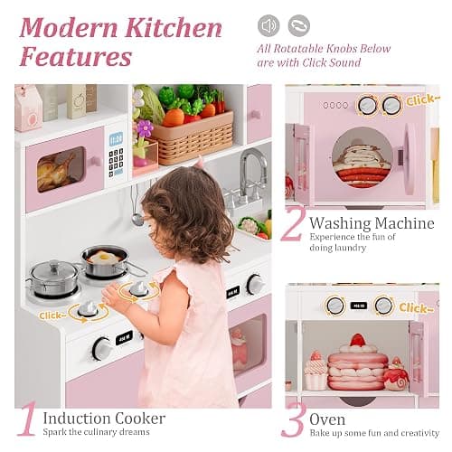 Keyluv Wooden Play Kitchen for Kids and Toddler, Montessori Toy Kitchen Playset with Plenty of Pretend Play Features and Storage Drawers, Gift for Boys and Girls, Pink thumbnail 4