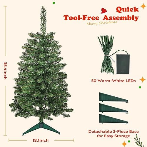 JPM Mini 3FT Blue Artificial Christmas Tree for Tabletop, 50 LED Lights, 164 Branch Tips, Foldable Metal Base & Easy Assembly, Holiday Decor for Home, Office, Apartment thumbnail 2