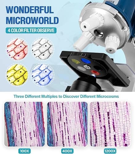 58-Piece Kids Microscope Kit - 100X-1200X Magnification Metal Microscope with LED Light & Slides, Portable Science Set with Carry Case, STEM Learning Toy for Kids Ages 5-12, Birthday Christmas Gift thumbnail 4
