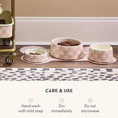 MACKENZIE-CHILDS Enamel Pet Bowl, Cute Cat and Dog Bowl for Food and Water, Medium, Pink-and-White Rosy Check thumbnail 5