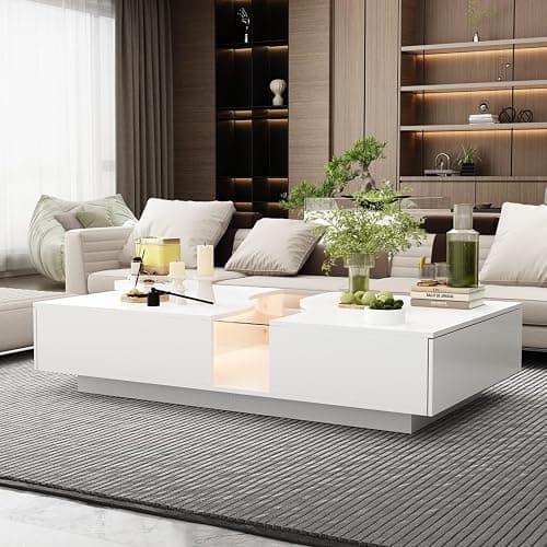 JOIKUJIA Modern Coffee Table with Lights & Glass Tabletop, Central Table with 2 Drawers, for Living Room, White 55.1”W x 31.5”D x 11.8”H - Image 1