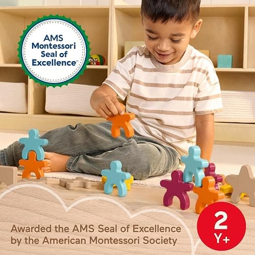 Fisher-Price Wood Montessori Toy Stacking Shapes, American Montessori Society Seal of Excellence, 16-Piece Wooden Learning Activity & Expert Play Tips for Kids Ages 2+ Years thumbnail 2