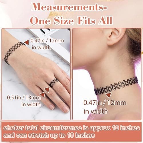 guleon15Pcs Tattoo Choker Set, Stretchy 90s Choker Necklace for Women,Black | 0.47in width, plastic, 5 sets of necklace bracelet ring, simple tattoo pattern, for 90s, retro, y2k styling, daily, party thumbnail 2
