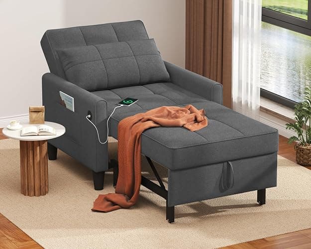 DURASPACE Sleeper Chair Bed with USB Ports, Side Pockets, 3-in-1 Convertible Futon Chair, Adjustable Backrest Recliner Pull Out Bed for Living Room, Bedroom, Small Spaces (Dark Gray) - Image 1