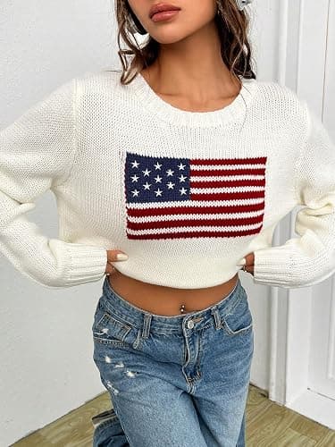 SweatyRocks Women's Flag Pattern Long Sleeve Round Neck Sweater Casual Loose Pullover Sweater thumbnail 5