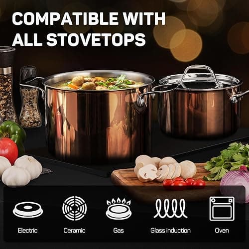 Ciwete Whole Tri-ply 18/10 Stainless Steel Cookware Set, 10 Pcs Elegant Copper Pots and Pans Set, Induction Cookware, Frying Pans, Saucepans & Stock Pot with Lid, Ideal Gift for Wedding, Housewarming thumbnail 3