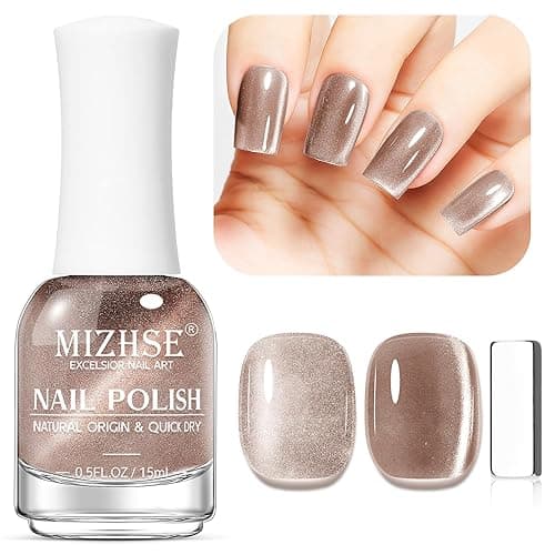 MIZHSE Cat Eye Nail Polish: Quick Dry Magnetic Nail Polish with Magnet, Air Drying Fast Champagne Color Nail Lacquer 15ml Cateye Effect for Women Girl Non-Gel Nail Art Manicure DIY Home