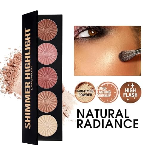 Highlighter Powder Palette, Makeup Palette Facial Bronzers Illuminator Palette Highlighter Baked Waterproof Long Lasting Brilliant Lighten Skin Color (5 Color, 1 Count (Pack of 1)) thumbnail 2