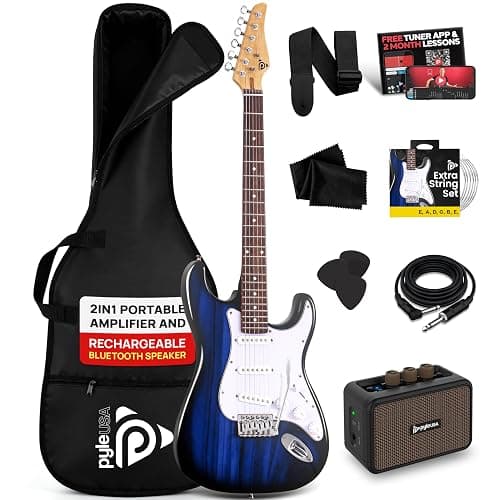 Pyle Electric Guitar and Amp Kit - Full Size 39" Complete Starter Kit with Wearable Bluetooth Amplifier, 1/4” Cable, Carry Case, Strap, Strings, Picks, Cleaning Cloth, ST-Style Pickups (Blue Burst) - Image 1