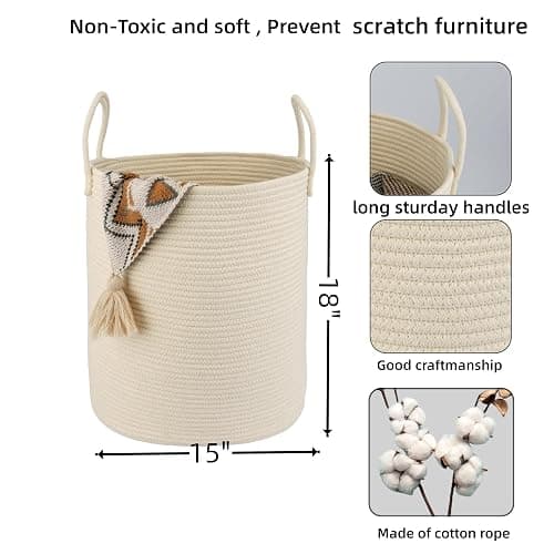 XUANGUO Cotton Rope Laundry Basket Hamper for Clothes Woven Storage Basket for Living Room Bedroom Boho Tall Rope Baskets for Blanket Toys Pillow Towels Baby Nursery Hamper Bin beige thumbnail 3