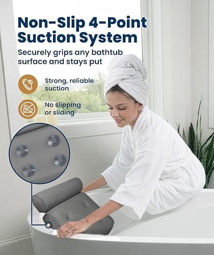 Everlasting Comfort Luxury Bath Pillows for Tub with Head and Neck Support - Non-Slip Bathtub Pillow with Suction Cups, Quick-Drying Mesh & Drying Hook - Jacuzzi & Spa Accessories for Women - Gray thumbnail 4
