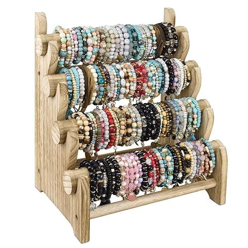 Ikee Design Antique Wooden 4 Tier Jewelry Bracelet Display Stand Bangle Scrunchie Organizer Holder for Store, Showcase and Home Storage, 12 W x 9 D x 14 H in, Oak Color - 1) Natural - Image 1
