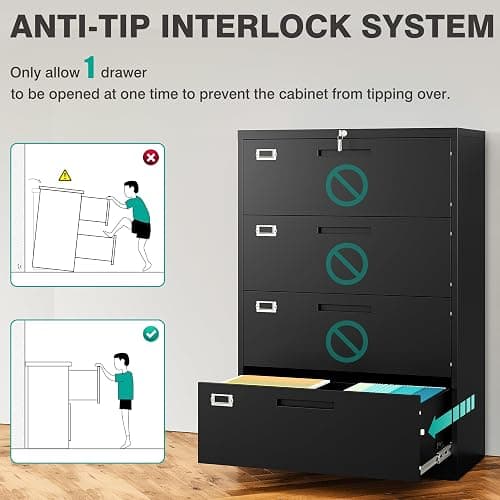 SISESOL 4 Drawer Lateral File Cabinet with Lock,Black Lateral Filing Cabinet,Horizontal Metal Filing Cabinets,Locked Wide Four Drawer File Cabinets for Office Home,Fit A4/F4/Letter/Legal File thumbnail 7